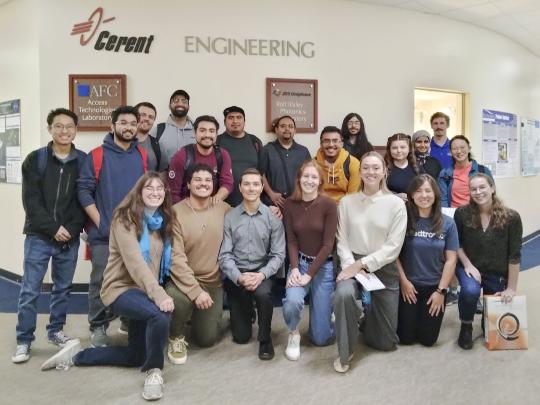 A picture of members of Medtronic and students at the entrance of Cerent Engineering Complex